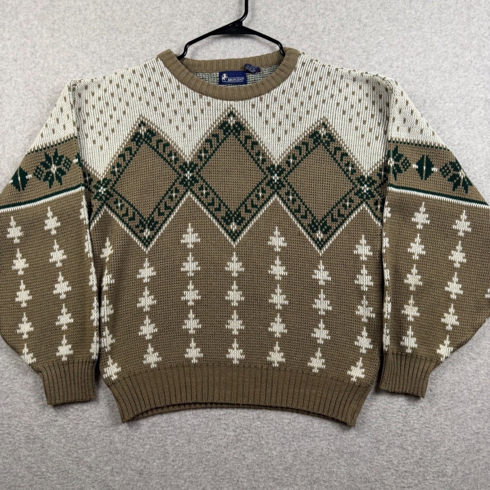 Vintage Bronzini Sweater Men's Small Brown Nordic Geometric Knit Crewneck